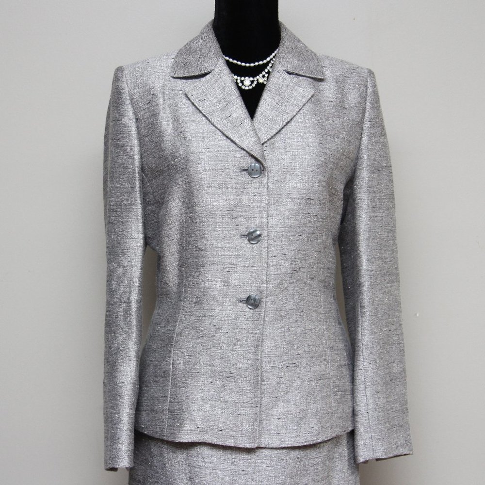 LE SUIT Women 2PC Polyester Lined Notch Collar Long Skirt Suit Size 10 Grey